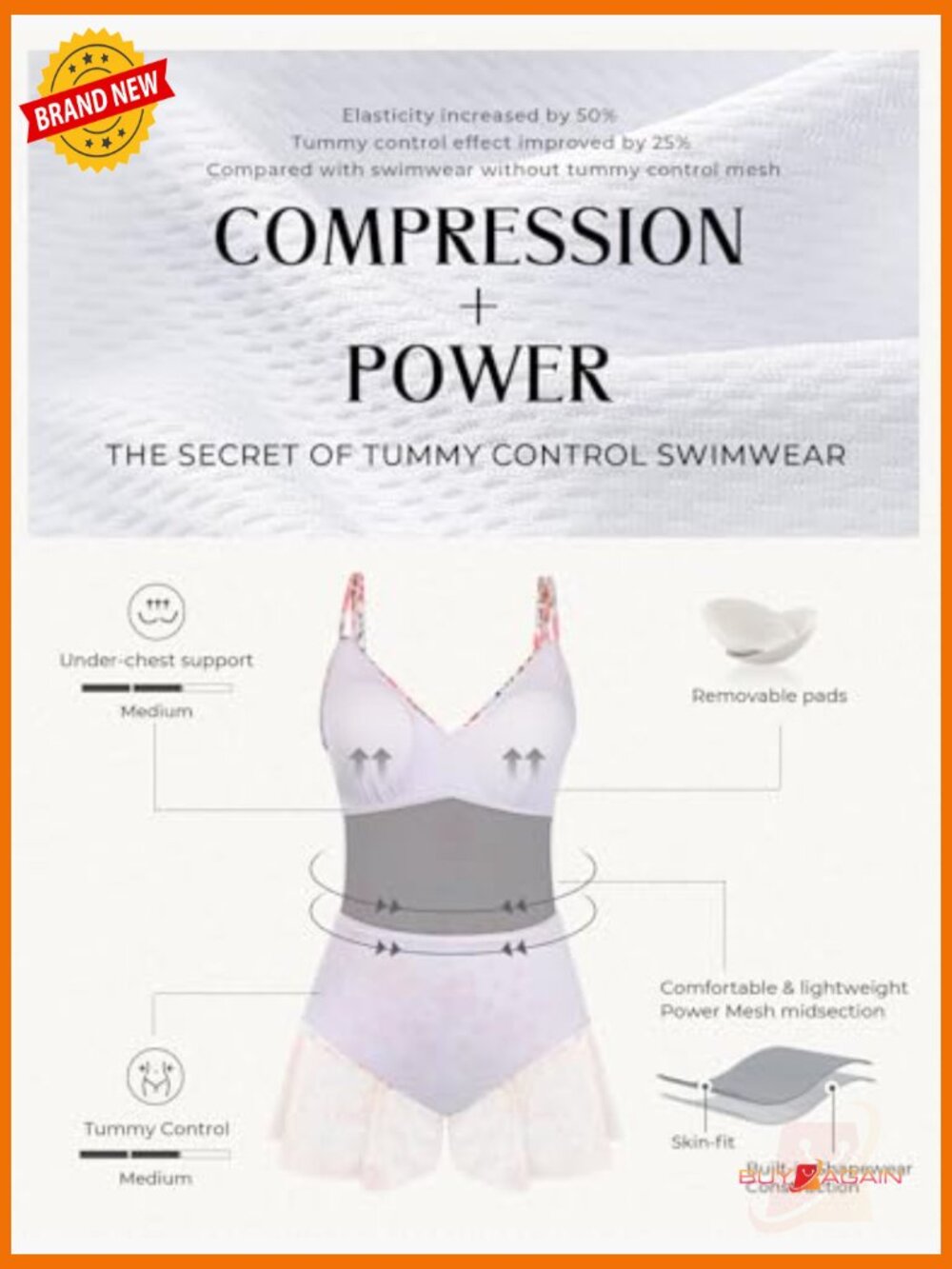 Tummy Control One Piece Swimsuit with Push Up Twist Front and Skirt - Picture 6 of 7